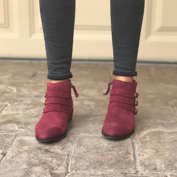 MIB Wine Genuine Suede Triple Buckle Ankle Boots - Picture 5 of 8